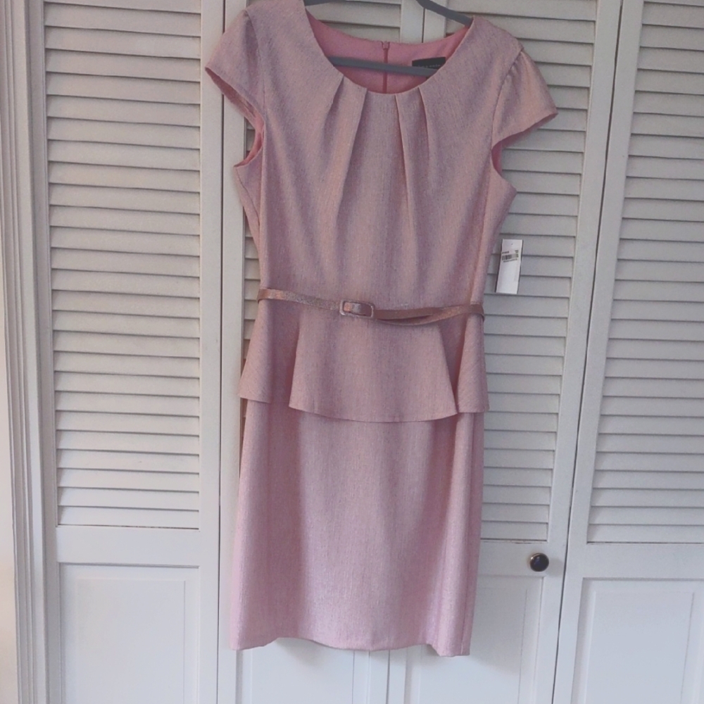 NWT. Elegant Pink Mauve Peplum Dress with Belt, Size 12.